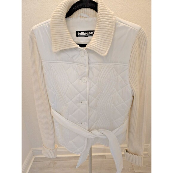 Dollhouse White Quilted M Jacket Ribbed Knit Sleeves Belted Hybrid Belted - Picture 1 of 11